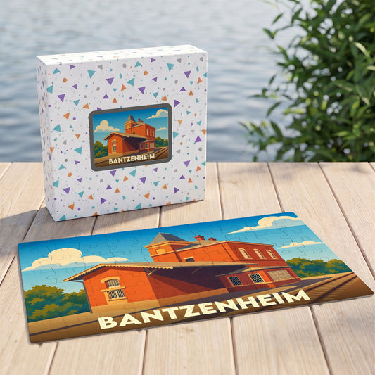 Puzzle souvenir de la ville de Bantzenheim avec une illustration stylisée d'une gare ancienne.