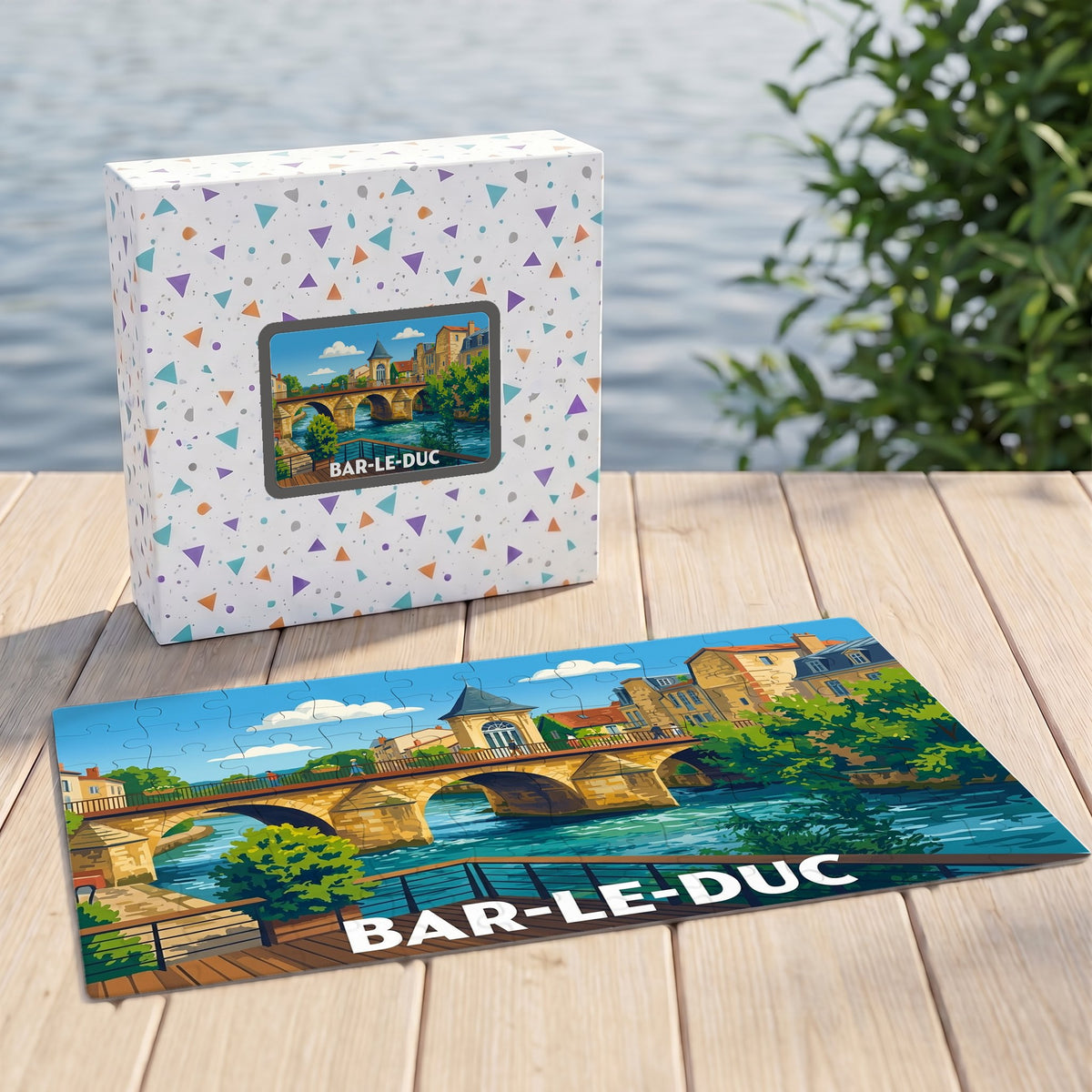 Puzzle souvenir de la ville de Bar-le-Duc avec une illustration colorée représentant son pont historique.