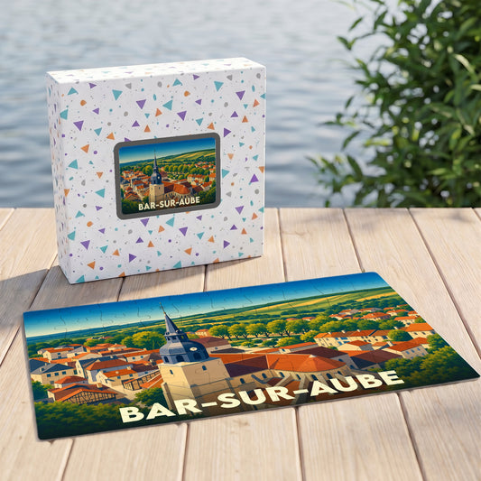 Puzzle souvenir de la ville de Bar-sur-Aube avec une illustration panoramique stylisée.