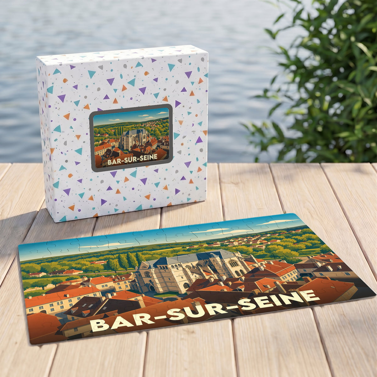 Puzzle souvenir de la ville de Bar-sur-Seine avec une illustration stylisée d'un panorama urbain.