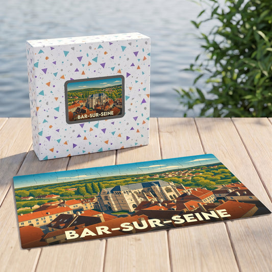 Puzzle souvenir de la ville de Bar-sur-Seine avec une illustration stylisée d'un panorama urbain.