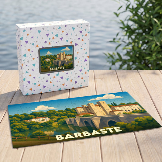 Puzzle souvenir de la ville de Barbaste représentant son célèbre moulin et son pont roman.
