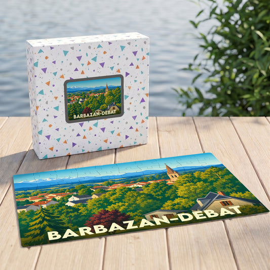 Puzzle souvenir de la ville de Barbazan-Debat avec une illustration stylisée de son paysage urbain et arboré.