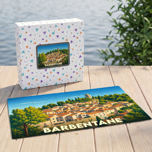 Puzzle souvenir de la ville de Barbentane avec une illustration stylisée d'un village provençal.