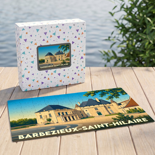 Puzzle souvenir de la ville de Barbezieux-Saint-Hilaire avec une illustration stylisée de son château.