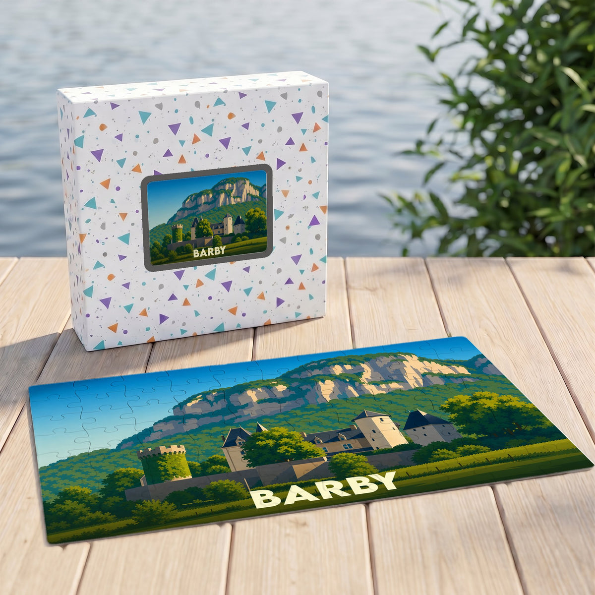 Puzzle souvenir de la ville de Barby illustrant un château au pied d'une falaise.