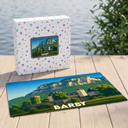 Puzzle souvenir de la ville de Barby illustrant un château au pied d'une falaise.