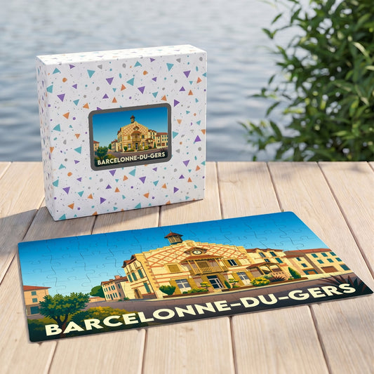 Puzzle souvenir de la ville de Barcelonne-du-Gers avec son illustration stylisée et sa boîte assortie.