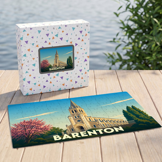 Puzzle souvenir de la ville de Barenton avec une illustration stylisée de son église.