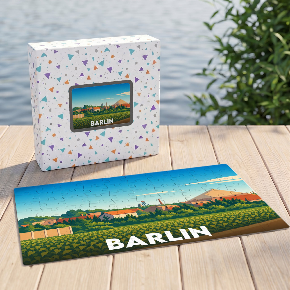 Puzzle souvenir de la ville de Barlin avec une illustration panoramique stylisée.