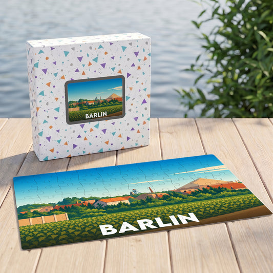 Puzzle souvenir de la ville de Barlin avec une illustration panoramique stylisée.