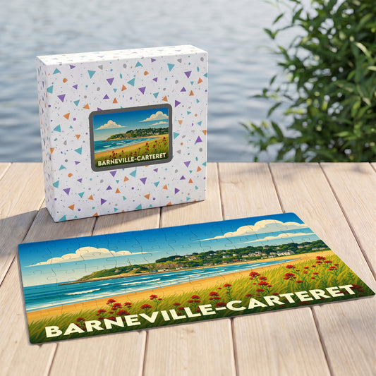 Puzzle souvenir de la ville de Barneville-Carteret avec une illustration stylisée de sa côte littorale.