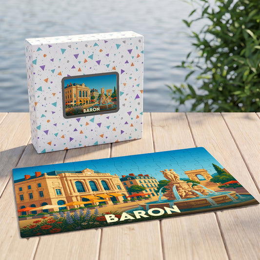 Puzzle souvenir de la ville de Baron avec une illustration stylisée d'une place animée.