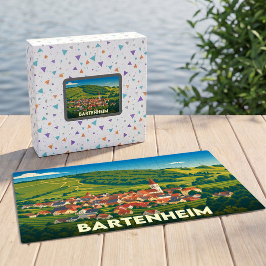 Puzzle souvenir de la ville de Bartenheim avec une illustration stylisée de son paysage urbain et champêtre.