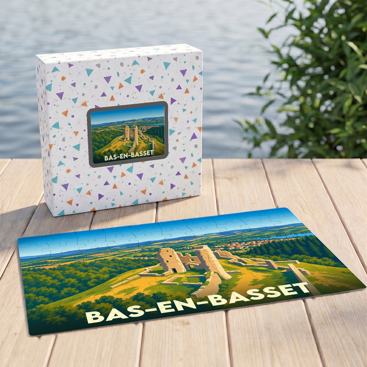 Puzzle souvenir de la ville de Bas-en-Basset illustré d'un paysage stylisé de ses ruines médiévales.