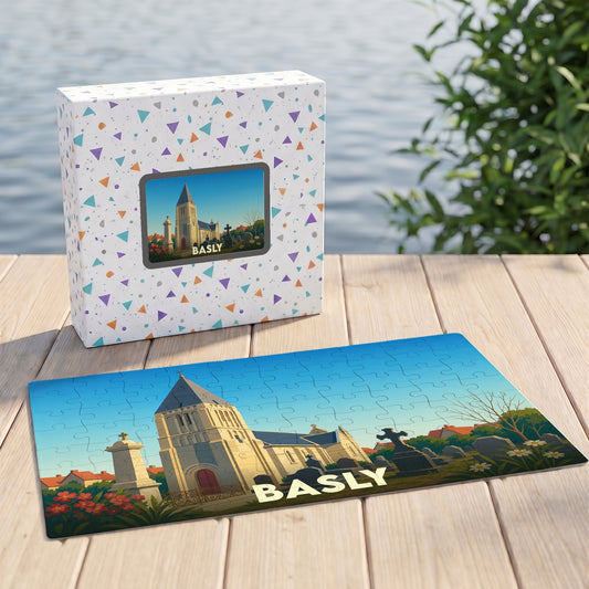 Puzzle souvenir de la ville de Basly avec une illustration stylisée d'une église et de son cimetière.