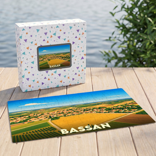 Puzzle souvenir de la ville de Bassan avec une illustration panoramique stylisée et sa boîte assortie.