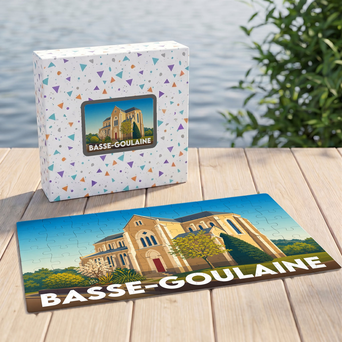 Puzzle souvenir de la ville de Basse-Goulaine représentant son église avec une illustration stylisée.