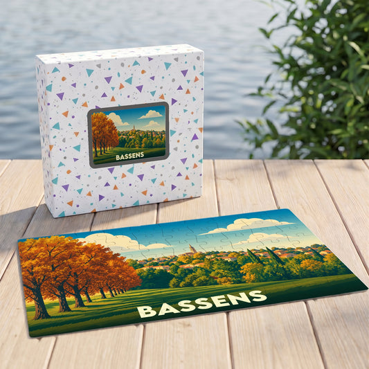 Puzzle souvenir de la ville de Bassens avec une illustration automnale stylisée.