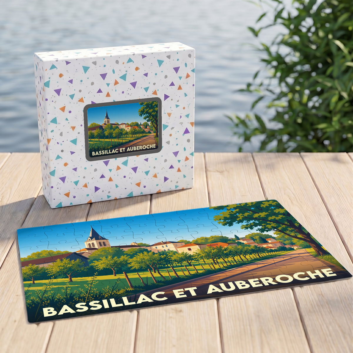 Puzzle souvenir de la commune de Bassillac et Auberoche avec une illustration paysagère colorée.
