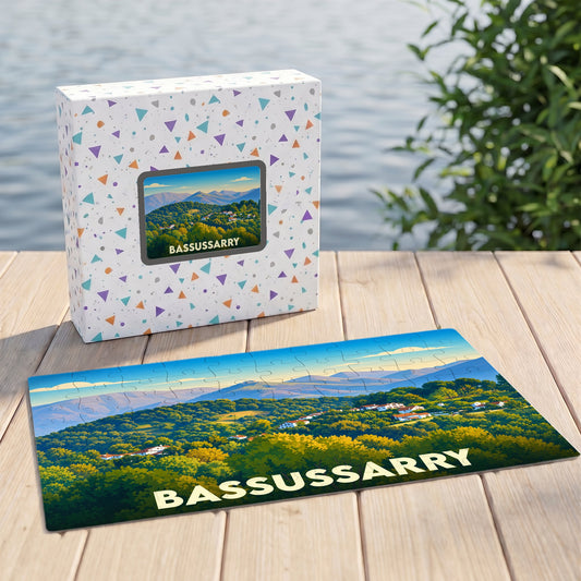 Puzzle souvenir de la ville de Bassussarry avec une illustration paysagère stylisée.