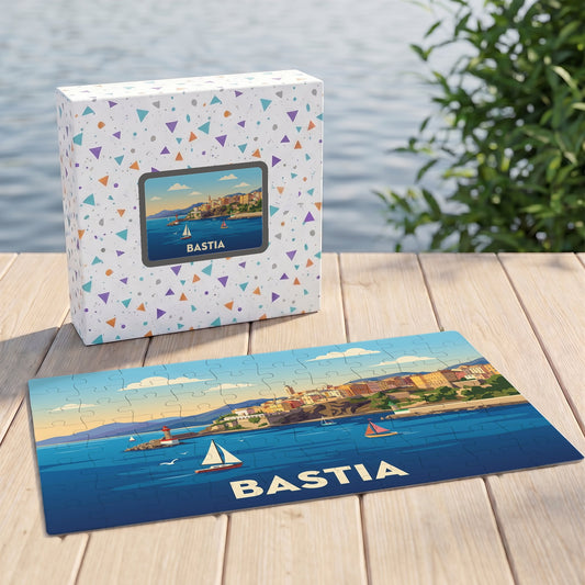 Puzzle souvenir de la ville de Bastia avec une illustration stylisée de son port et de son front de mer.