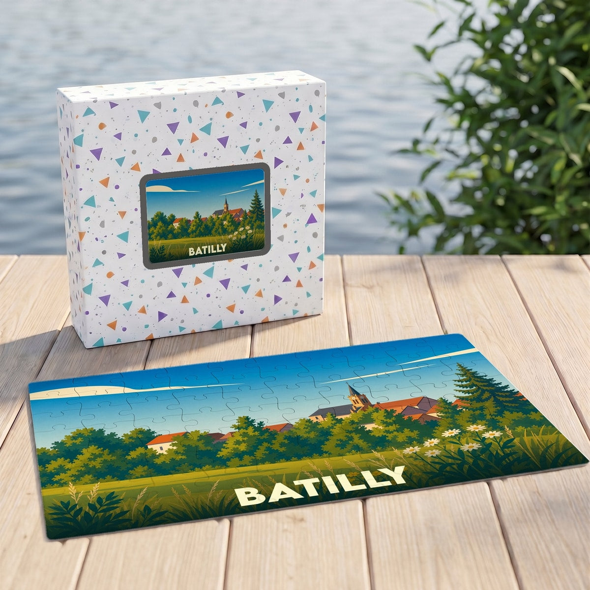 Puzzle souvenir de la ville de Batilly avec une illustration stylisée de son paysage urbain.