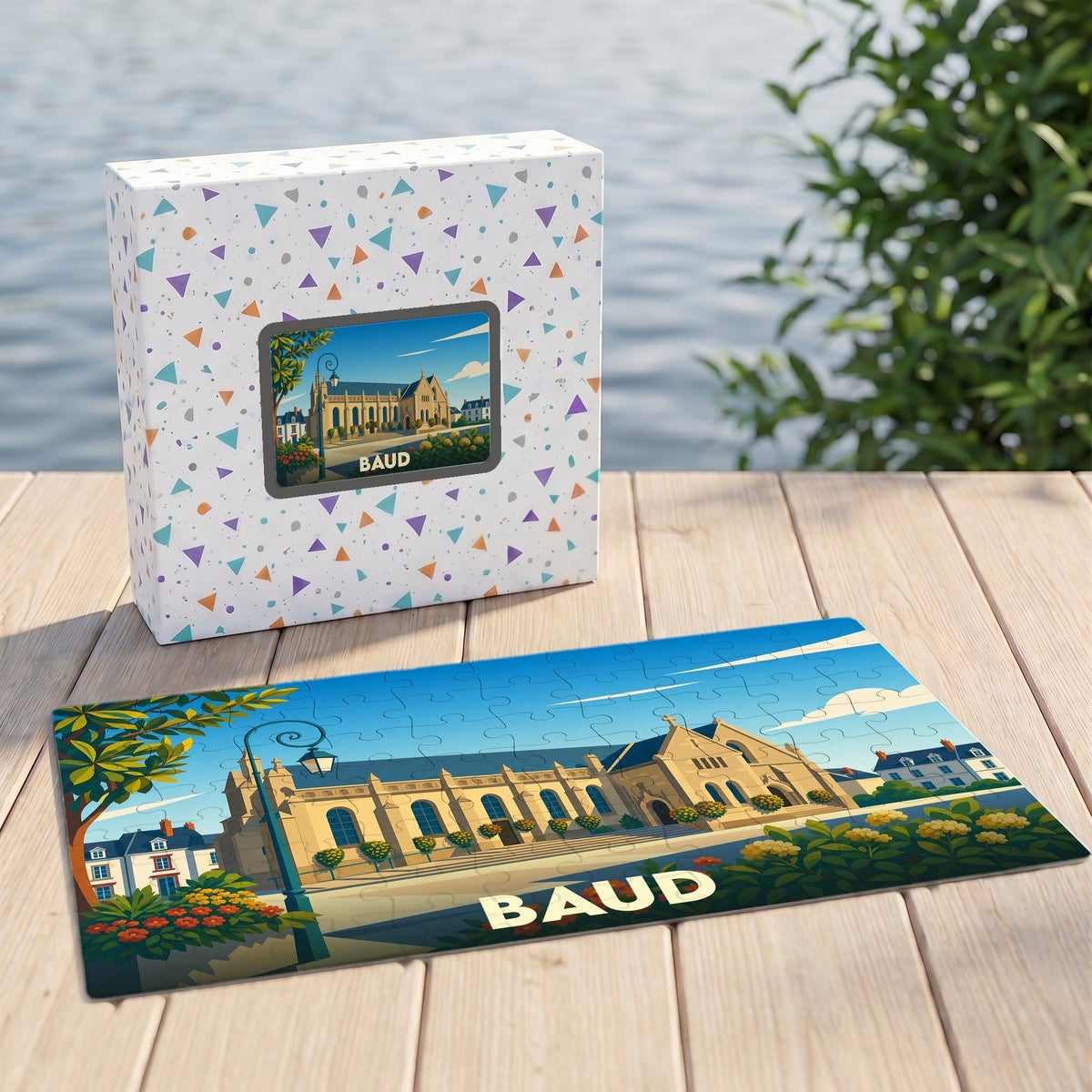 Puzzle souvenir de la ville de Baud avec une illustration stylisée de son patrimoine architectural.