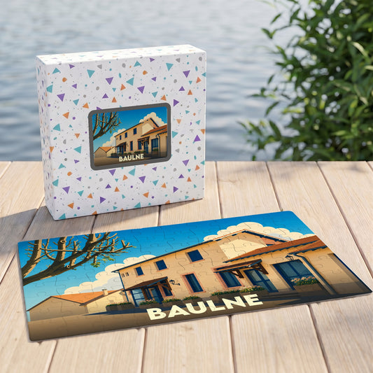 Puzzle souvenir de la ville de Baulne avec une illustration stylisée d'un bâtiment ensoleillé.