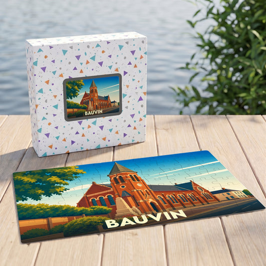 Puzzle souvenir de la ville de Bauvin avec une illustration stylisée de son église.