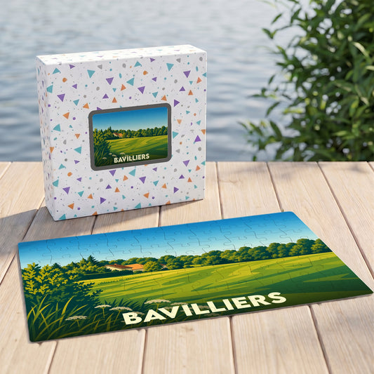 Puzzle souvenir de la ville de Bavilliers avec une illustration de paysage champêtre.