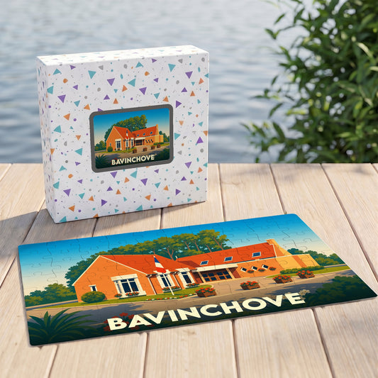 Puzzle souvenir de la ville de Bavinchove avec une illustration stylisée.