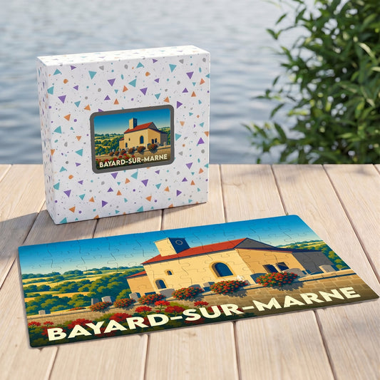 Puzzle souvenir de la ville de Bayard-sur-Marne avec une illustration stylisée de son église et de ses paysages.