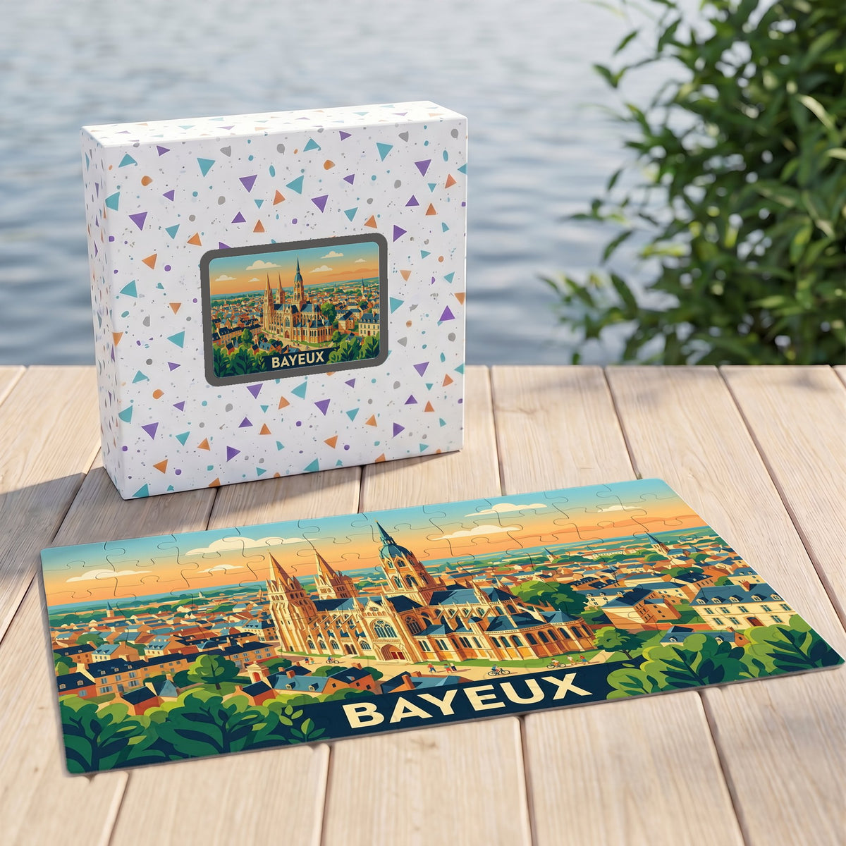 Puzzle souvenir de la ville de Bayeux représentant sa cathédrale dans un style illustré coloré.