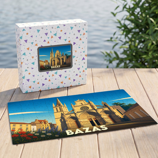 Puzzle souvenir de la ville de Bazas avec une illustration stylisée de sa cathédrale.