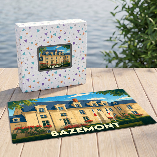 Puzzle souvenir de la ville de Bazemont avec une illustration stylisée.