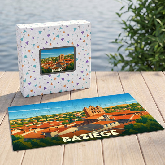 Puzzle souvenir de la ville de Baziège avec une illustration stylisée et sa boîte assortie.