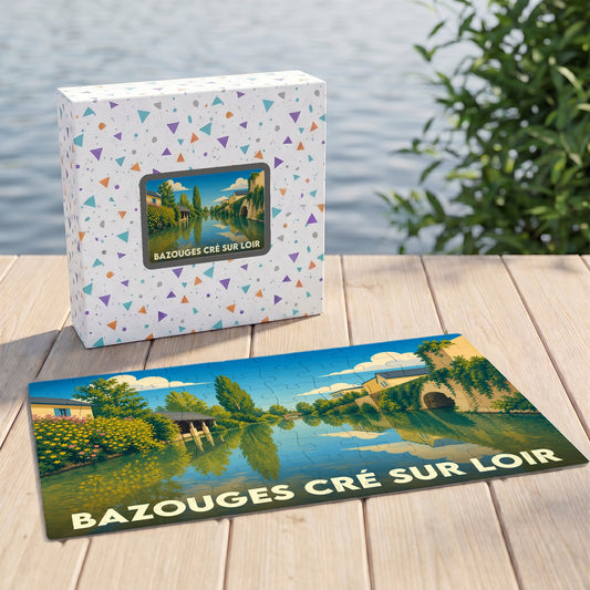 Puzzle souvenir de la ville de Bazouges Cré sur Loir présentant une illustration colorée et stylisée de ses bords de rivière.