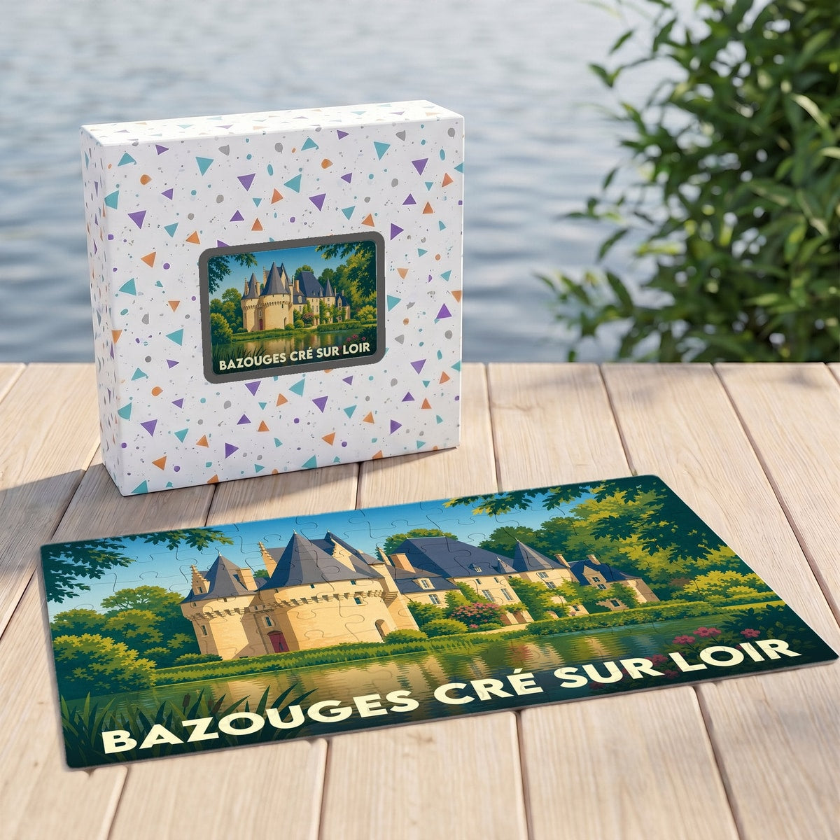Puzzle souvenir de la ville de Bazouges Cré sur Loir représentant son château dans un style illustré.