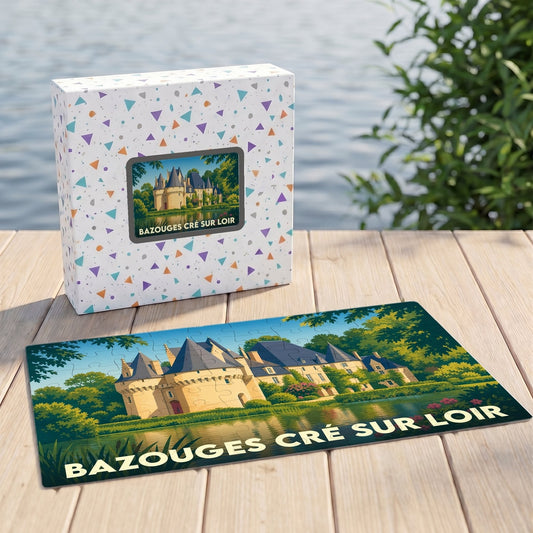 Puzzle souvenir de la ville de Bazouges Cré sur Loir représentant son château dans un style illustré.