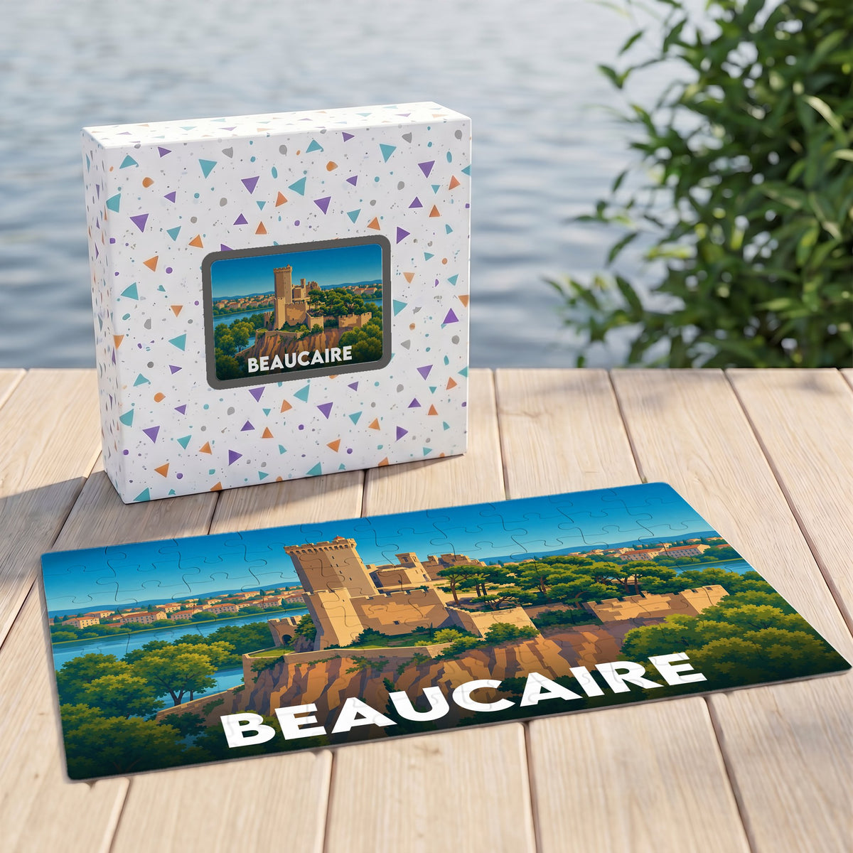 Puzzle souvenir de la ville de Beaucaire illustrant son château au bord de l'eau.