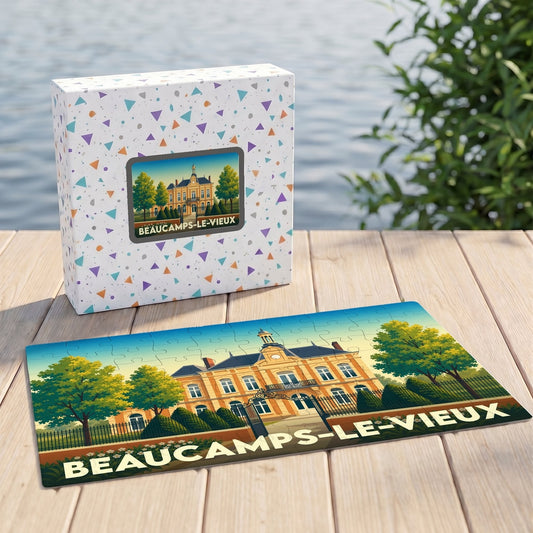 Puzzle souvenir de la ville de Beaucamps-le-Vieux avec une illustration stylisée de sa mairie devant son coffret assorti.