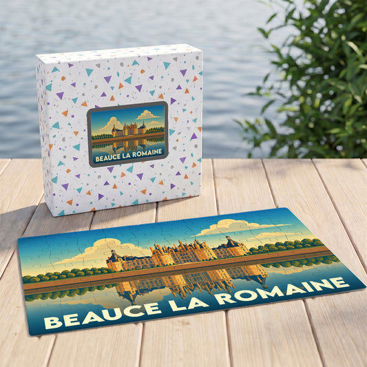 Puzzle souvenir de la ville de Beauce la Romaine avec une illustration stylisée d'un château se reflétant sur l'eau.