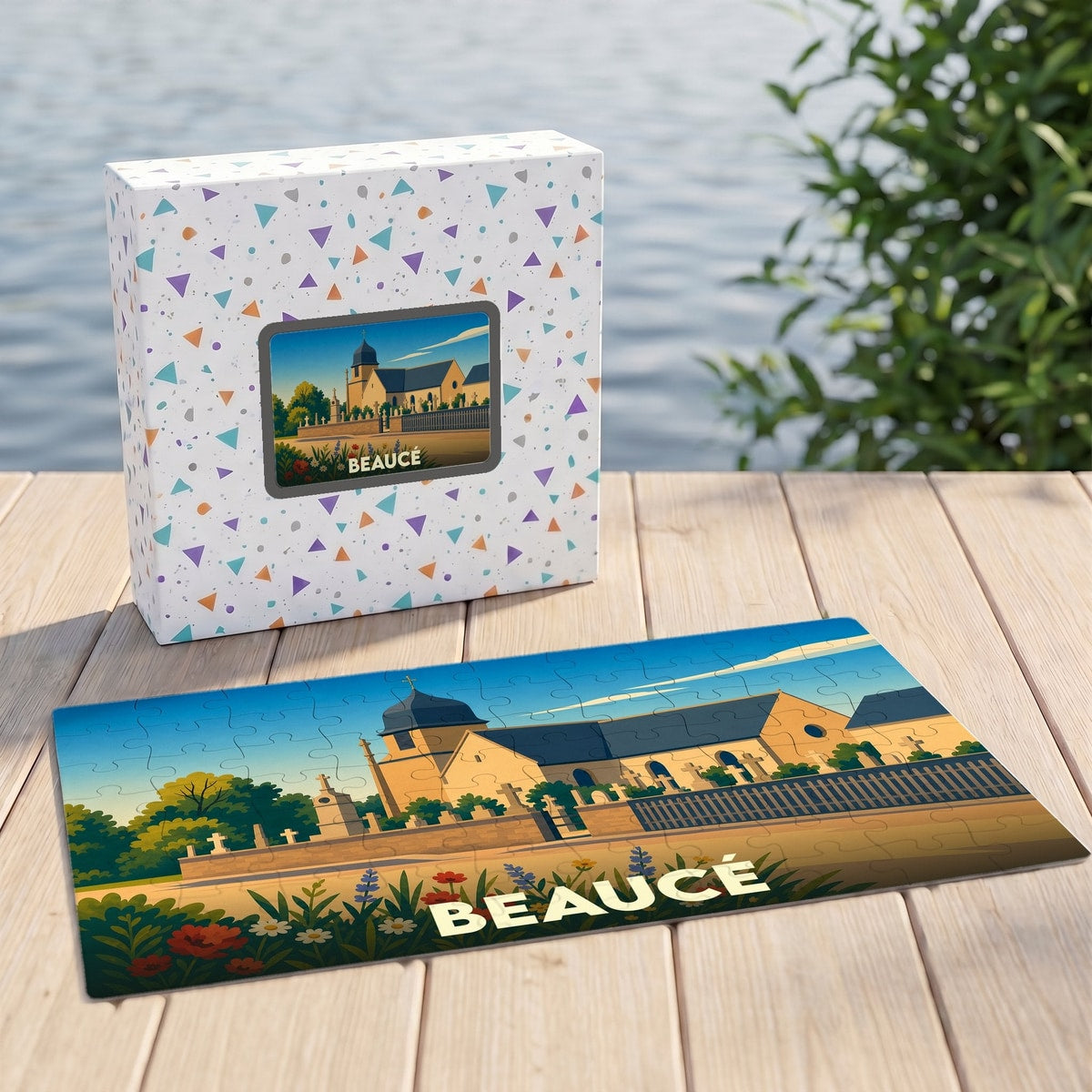 Puzzle souvenir de la ville de Beaucé avec une illustration stylisée de son église et de son paysage.