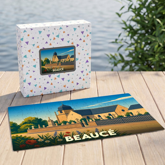 Puzzle souvenir de la ville de Beaucé avec une illustration stylisée de son église et de son paysage.
