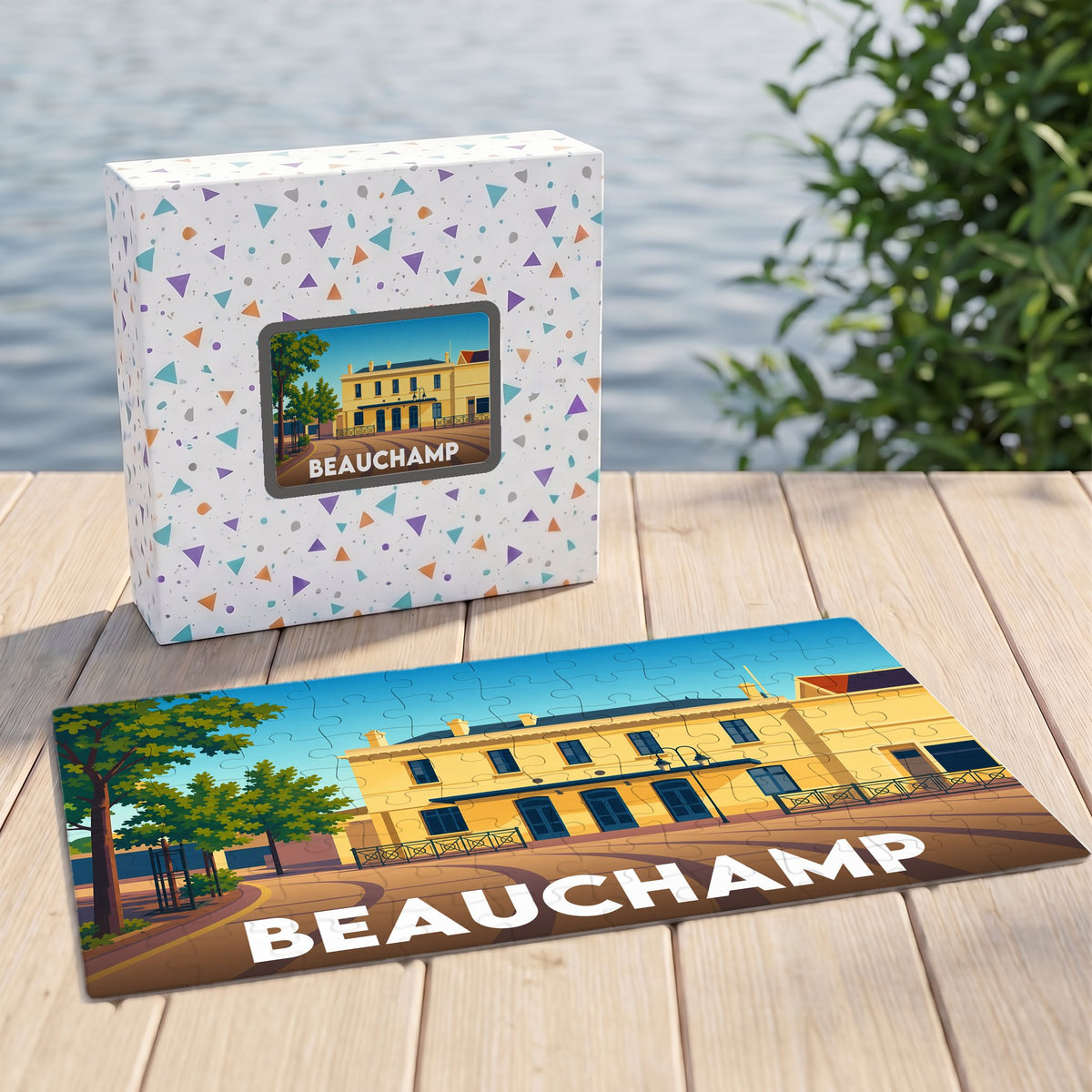 Puzzle souvenir de la ville de Beauchamp illustrant un bâtiment historique dans un style graphique épuré.