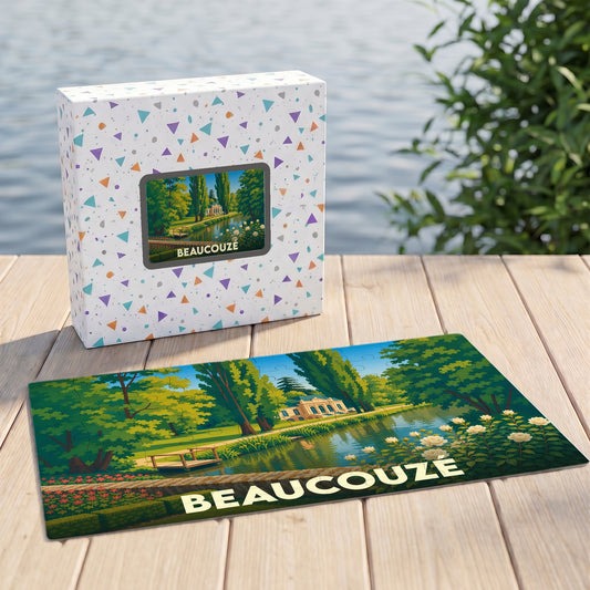 Puzzle souvenir de la ville de Beaucouzé avec une illustration stylisée d'un parc paysager.