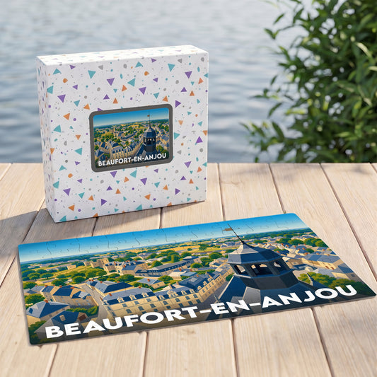 Puzzle souvenir de la ville de Beaufort-en-Anjou avec une illustration aérienne colorée et stylisée.
