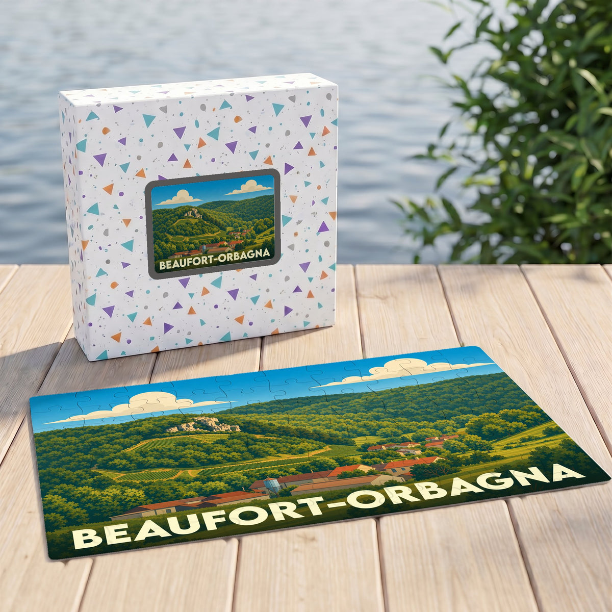 Puzzle souvenir de la ville de Beaufort-Orbagna avec une illustration stylisée d'un paysage verdoyant.