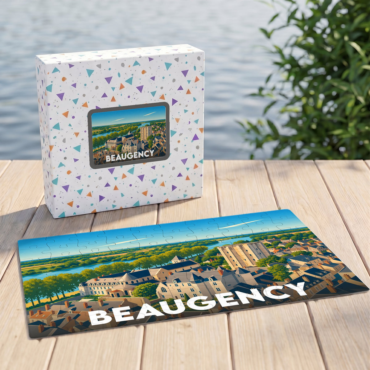 Puzzle souvenir de la ville de Beaugency avec une illustration stylisée et colorée.